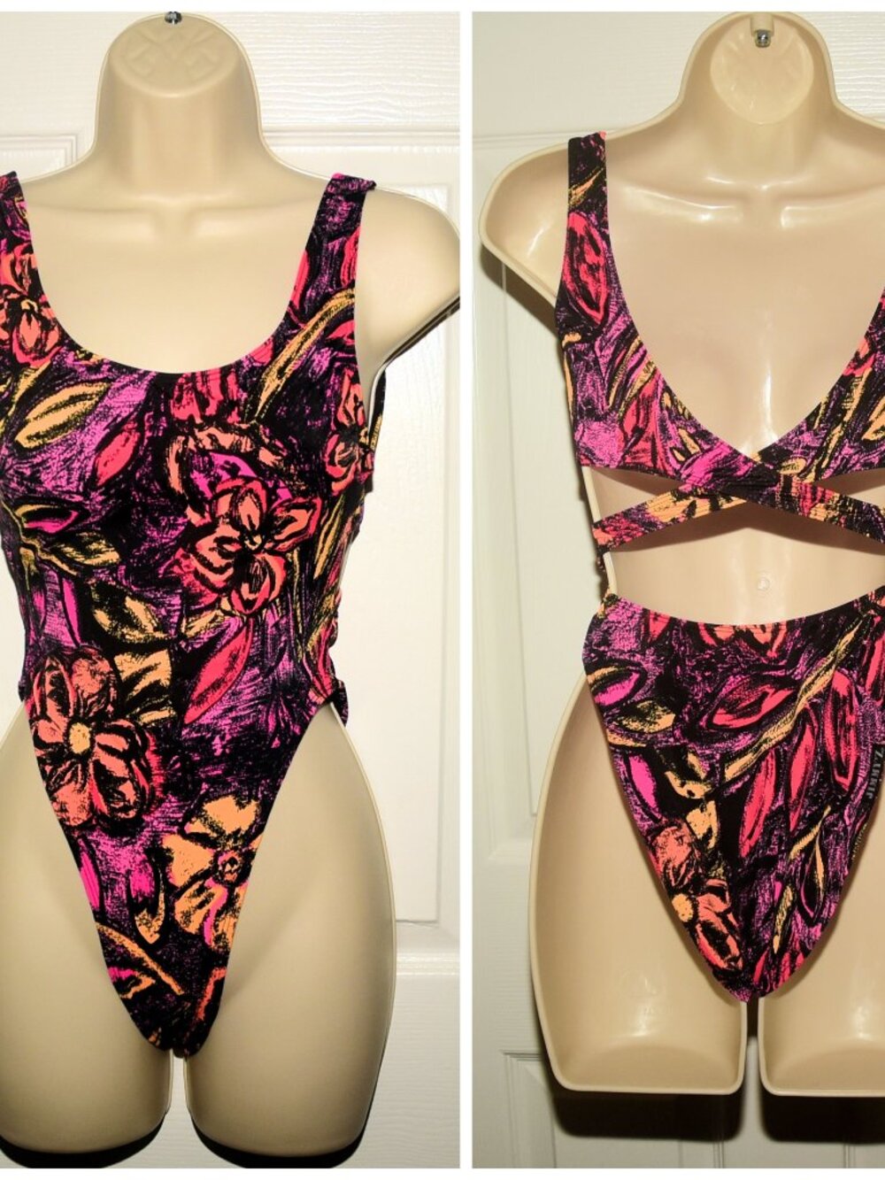 Vintage 80s RARE Jimmy' Z MOD Floral Print 1-Piece Swimsuit XXS HighCut USA Made